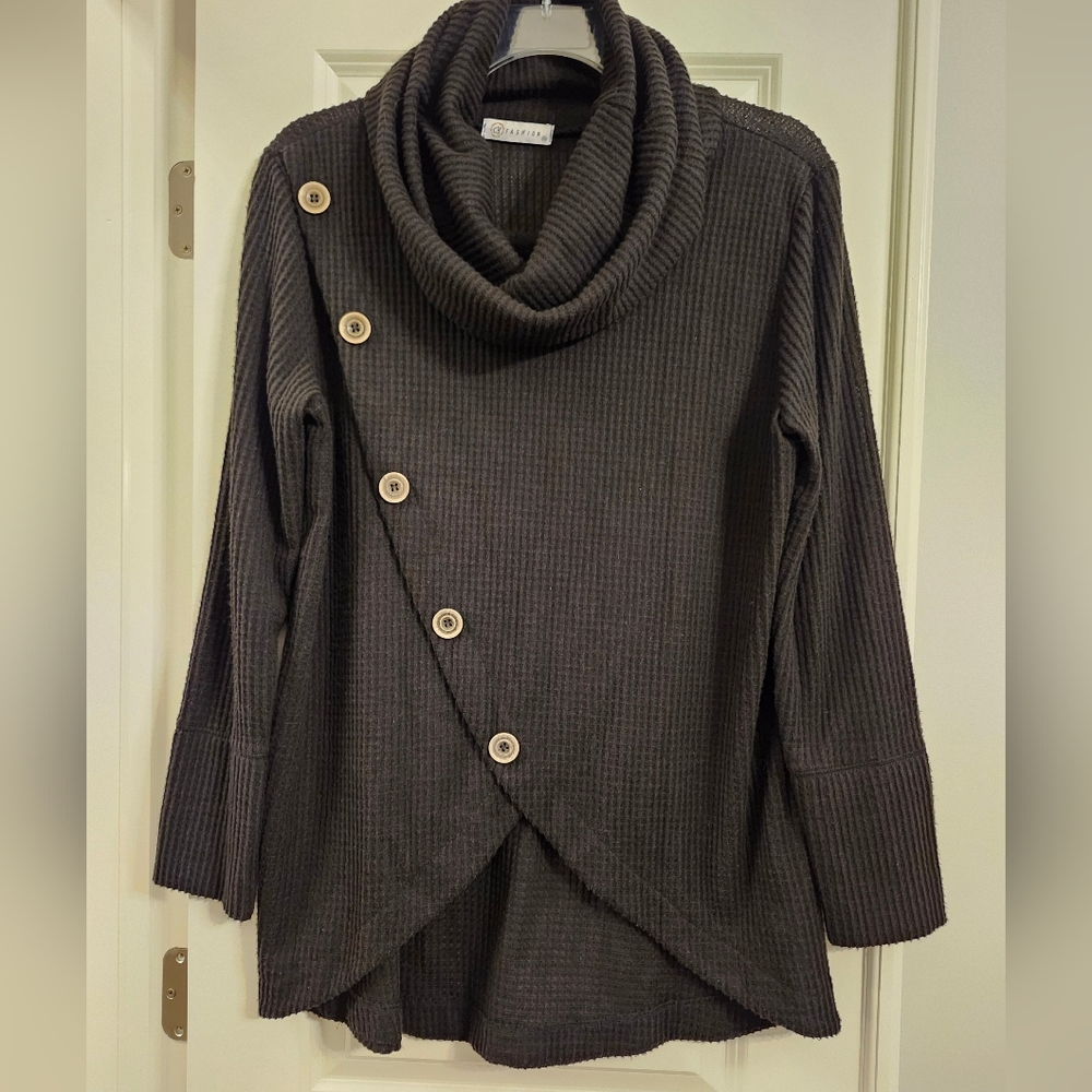 CJ Fashion Black Waffle Knit Cowl Neck Button Cardigan Women’s Plus Size 2X